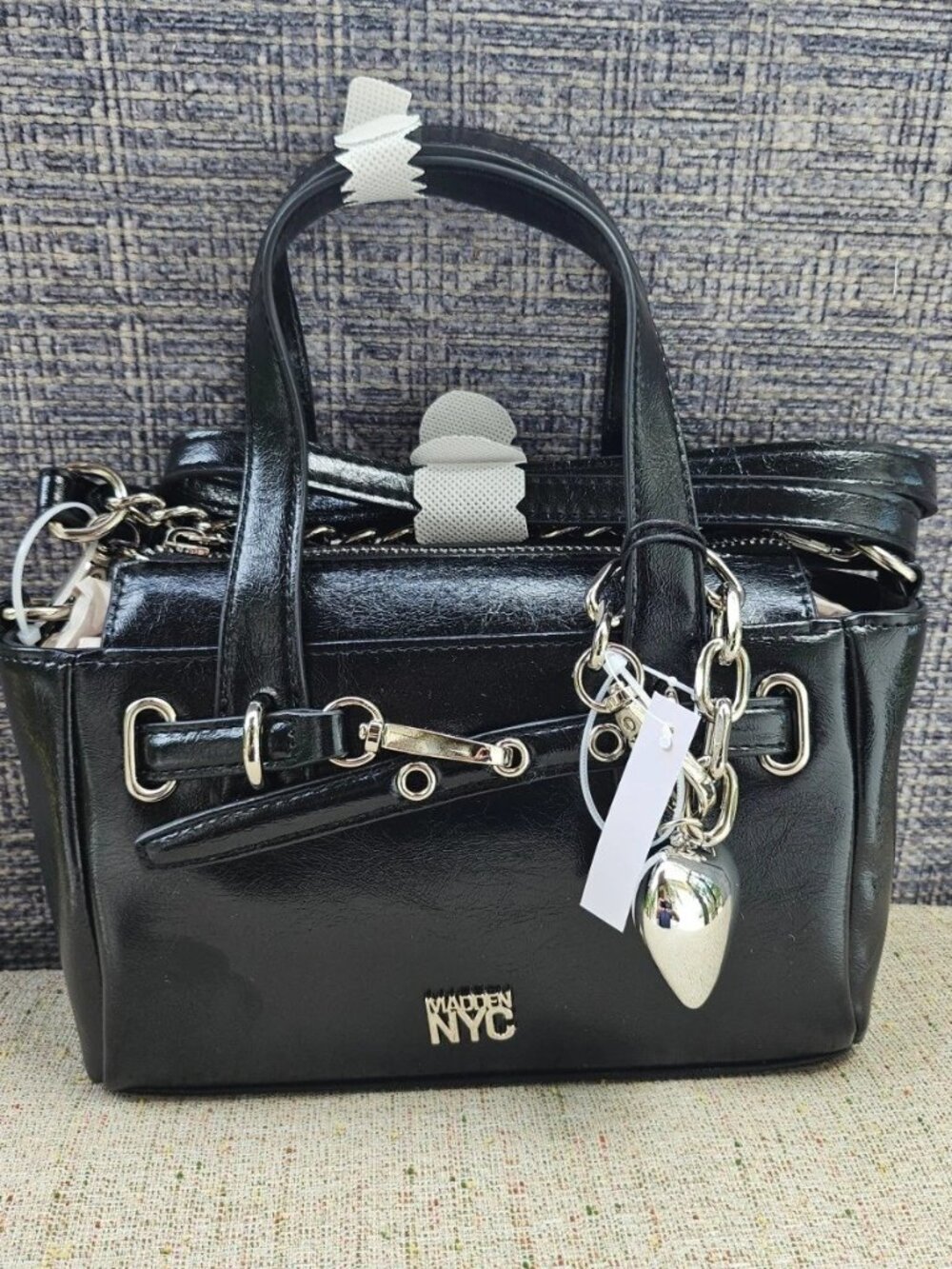 Madden NYC Women Handbag Purse Black Faux Patent Leather Crossbody W Heart Charm